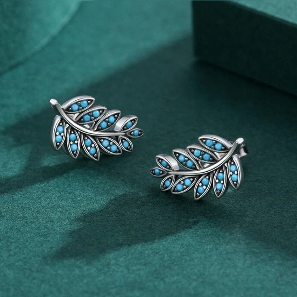 NEW S925 Sterling Silver Turquoise Leaf Stud Earrings